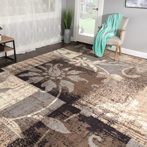 SUPERIOR Pastiche Floral Patchwork Non-Slip Indoor Washable Area Rug, 10' x 14', Brown