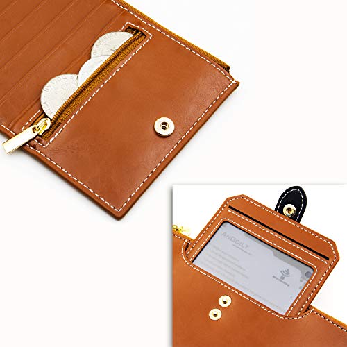 ANDOILT Wallets for Women Genuine Leather Wallet RFID Blocking Bifold Multi Card Case Purse with Zipper Pocket Cell Phone Handbag Brown