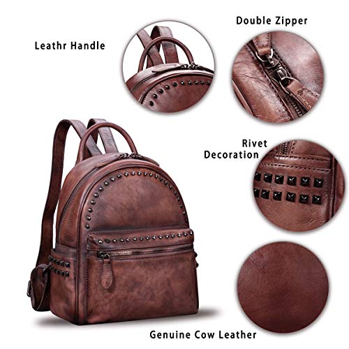 Genuine Leather Backpack for Women Vintage Fashion Bookbag Handmade Casual Satchel (Coffee) Medium