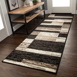 superior indoor runner area rug with non-slip backing for bedroom, dorm, living room, entryway, perfect for hardwood floors – rockwood modern geometric design, 2’7″ x 6′, chocolate