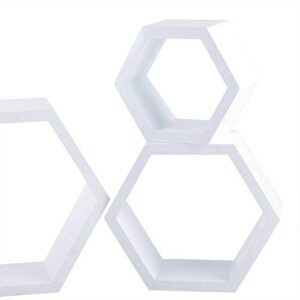 LOYALHEARTDY White Hexagon Floating Shelves 3Pcs Wall Mounted Shelf Wood Farmhouse Storage Honeycomb Wall Shelf