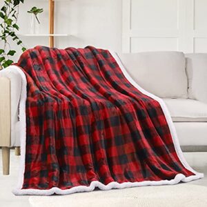 Sherpa Fleece Fuzzy Throw Blanket, Buffalo Plaid Cozy Fluffy Throws Blankets for Couch Soft Twin Christmas Red Bedding Sofa Flannel Plush 50"x60"