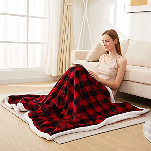 Sherpa Fleece Fuzzy Throw Blanket, Buffalo Plaid Cozy Fluffy Throws Blankets for Couch Soft Twin Christmas Red Bedding Sofa Flannel Plush 50"x60"