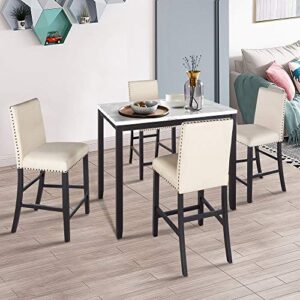 Harper & Bright Designs 5-Piece Kitchen Table Set Faux Marble Top Counter Height Dining Table Set with 4 Beige Fabric Upholstered Chairs