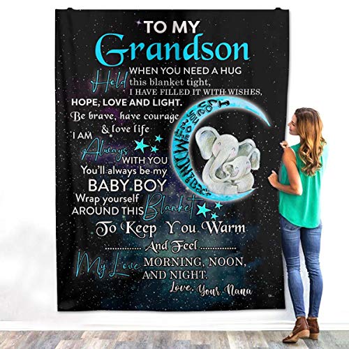 VTH GLOBAL Personalized Custom Grandpa Grandma Name to My Grandson Birthday Christmas Fleece Sherpa Blanket Bed Throw Graduation Grandfather Papa Grandmother Mimi Nana Sign Tapestry (Elephant Theme)