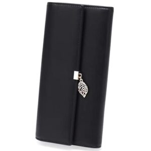 wallet for women rfid blocking credit card holder phone checkbook storage bag zipper coin purse leaf pendant (black, large),sd-168
