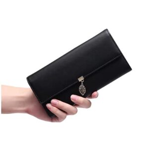 Wallet for Women RFID Blocking Credit Card Holder Phone Checkbook Storage Bag Zipper Coin Purse Leaf Pendant (Black, Large),Sd-168