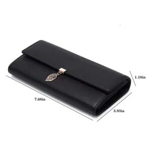 Wallet for Women RFID Blocking Credit Card Holder Phone Checkbook Storage Bag Zipper Coin Purse Leaf Pendant (Black, Large),Sd-168