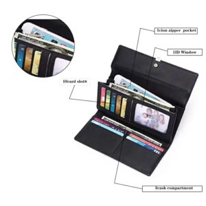 Wallet for Women RFID Blocking Credit Card Holder Phone Checkbook Storage Bag Zipper Coin Purse Leaf Pendant (Black, Large),Sd-168