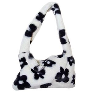 VALICLUD Fuzzy Tote Bag Hobo Bag Small Faux Fur Purse Flower Clutch Bag Furry Handbag Underarm Purse for Women