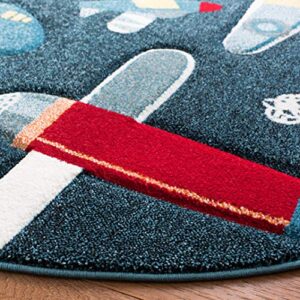 SAFAVIEH Carousel Kids Collection 4' Round Navy/Ivory CRK167N Airplane Nursery Playroom Area Rug