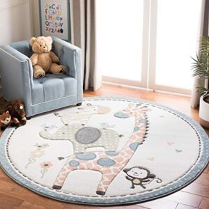 safavieh carousel kids collection 4′ round ivory crk120a animal nursery playroom area rug