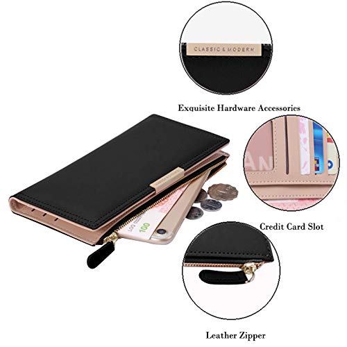 FFpaw Ultra Slim Wallet Leather RFID Blocking Credit Card Holder Bifold Clutch Coin Zipper Travel Long Purse for Women Girls