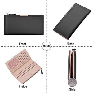 FFpaw Ultra Slim Wallet Leather RFID Blocking Credit Card Holder Bifold Clutch Coin Zipper Travel Long Purse for Women Girls