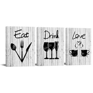 ouelegent kitchen canvas wall art eat love sign painting pictures rustic wood texture prints black gray modern artwork for home restaurant cafe bar wall decor framed ready to hang 12″x16″x3pcs