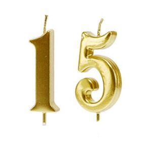 Bailym Gold 15th Birthday Candles, Number 15 Cake Topper for Birthday Decorations