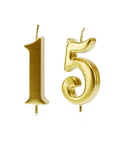 Bailym Gold 15th Birthday Candles, Number 15 Cake Topper for Birthday Decorations