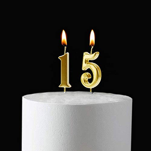 Bailym Gold 15th Birthday Candles, Number 15 Cake Topper for Birthday Decorations