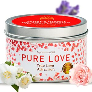 pure love aromatherapy candle for love attraction, romance – sage rose lavender scented, natural soybean wax tin for purification & chakra healing
