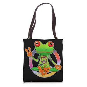 hippie frog peace sign yoga frogs hippies 70s tote bag