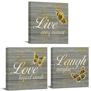 fushvre 3 piece live love laugh wall art decor inspirational quote with butterfly canvas painting picture vintage sign poster for office bathroom living room kitchen framed 12x12x3pcs