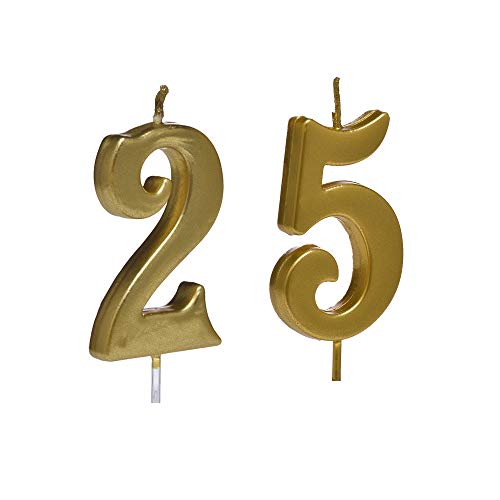 Bailym Gold 25th Birthday Candles, Number 25 Cake Topper for Birthday Decorations