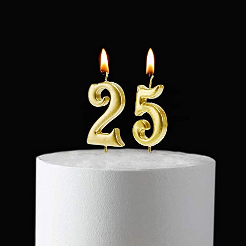 Bailym Gold 25th Birthday Candles, Number 25 Cake Topper for Birthday Decorations