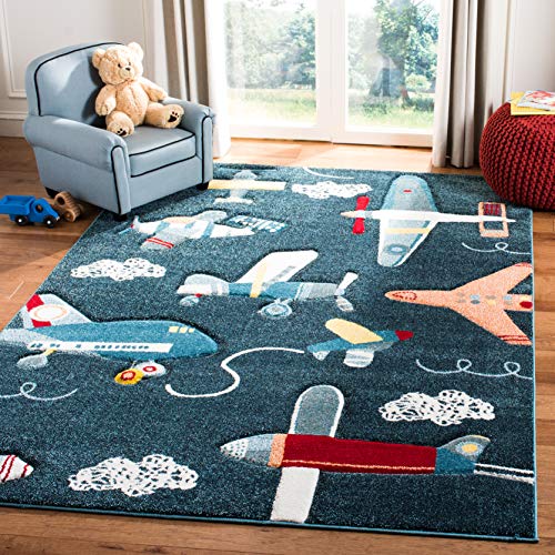 SAFAVIEH Carousel Kids Collection 4' Square Navy/Ivory CRK167N Airplane Nursery Playroom Area Rug