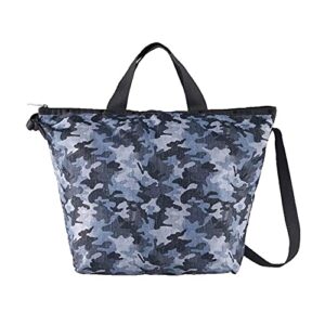 lesportsac camo canvas indigo deluxe easy carry tote crossbody + top handle handbag, style 4360/color f545, modern denim inspired heather camouflage in blue & grey