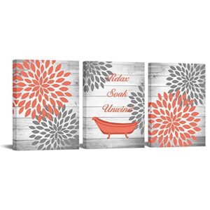 ouelegent dahlia canvas wall art coral gray flower with rustic wood background painting pictures vintage bathtub relax soak unwind inspiring prints artwork for bathroom decor 12″x16″x3 panels