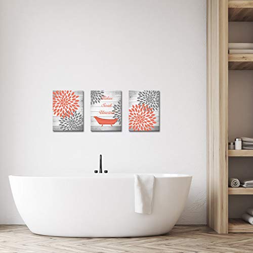 OuElegent Dahlia Canvas Wall Art Coral Gray Flower with Rustic Wood Background Painting Pictures Vintage Bathtub Relax Soak Unwind Inspiring Prints Artwork for Bathroom Decor 12"x16"x3 Panels