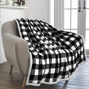 pavilia buffalo check sherpa blanket throw | fuzzy white black checkered flannel fleece blanket for couch bed | fluffy warm cabin plaid plush microfiber blanket | 50×60