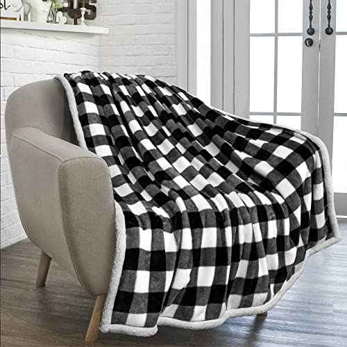 PAVILIA Buffalo Check Sherpa Blanket Throw | Fuzzy White Black Checkered Flannel Fleece Blanket for Couch Bed | Fluffy Warm Cabin Plaid Plush Microfiber Blanket | 50x60