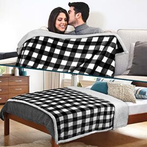 PAVILIA Buffalo Check Sherpa Blanket Throw | Fuzzy White Black Checkered Flannel Fleece Blanket for Couch Bed | Fluffy Warm Cabin Plaid Plush Microfiber Blanket | 50x60