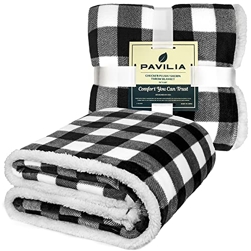 PAVILIA Buffalo Check Sherpa Blanket Throw | Fuzzy White Black Checkered Flannel Fleece Blanket for Couch Bed | Fluffy Warm Cabin Plaid Plush Microfiber Blanket | 50x60