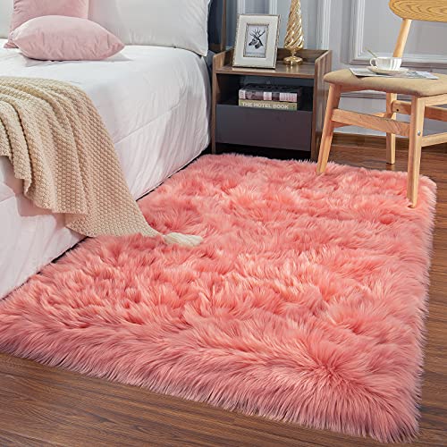 Maxsoft Fluffy Fur Rug for Bedroom, 3 x 5 Feet Coral Shaggy Faux Sheepskin Rugs for Girls Room Washable, Furry Throw Area Rugs for Dorm Living Room Kids Home Decor