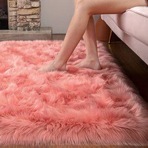 Maxsoft Fluffy Fur Rug for Bedroom, 3 x 5 Feet Coral Shaggy Faux Sheepskin Rugs for Girls Room Washable, Furry Throw Area Rugs for Dorm Living Room Kids Home Decor