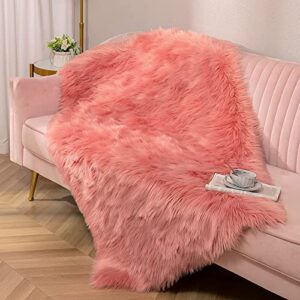 Maxsoft Fluffy Fur Rug for Bedroom, 3 x 5 Feet Coral Shaggy Faux Sheepskin Rugs for Girls Room Washable, Furry Throw Area Rugs for Dorm Living Room Kids Home Decor