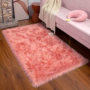 Maxsoft Fluffy Fur Rug for Bedroom, 3 x 5 Feet Coral Shaggy Faux Sheepskin Rugs for Girls Room Washable, Furry Throw Area Rugs for Dorm Living Room Kids Home Decor