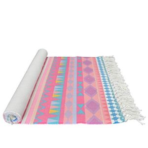 Lacomfy 2PC Cotton Area Rug Sets Pink Boho Printed Tassels Door Mat 2'x3'+2'x4.3' Hand Woven Outdoor Runner Rugs Washable Braided Rug for Kitchen Entryway Bathroom Laundry Room