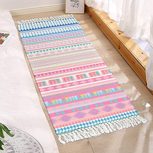 Lacomfy 2PC Cotton Area Rug Sets Pink Boho Printed Tassels Door Mat 2'x3'+2'x4.3' Hand Woven Outdoor Runner Rugs Washable Braided Rug for Kitchen Entryway Bathroom Laundry Room