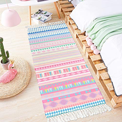 Lacomfy 2PC Cotton Area Rug Sets Pink Boho Printed Tassels Door Mat 2'x3'+2'x4.3' Hand Woven Outdoor Runner Rugs Washable Braided Rug for Kitchen Entryway Bathroom Laundry Room