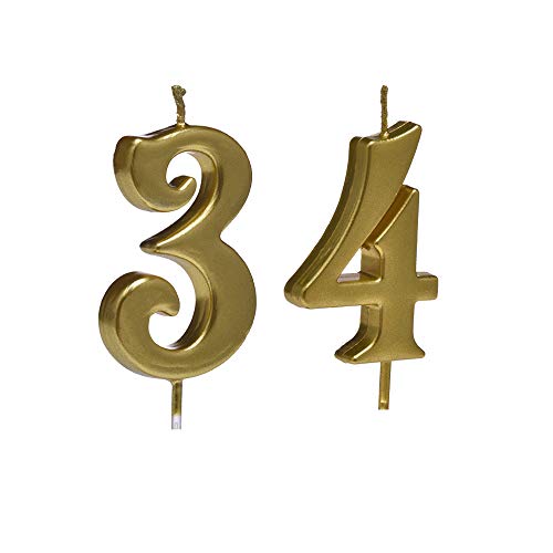 Bailym Gold 34th Birthday Candles, Number 34 Cake Topper for Birthday Decorations