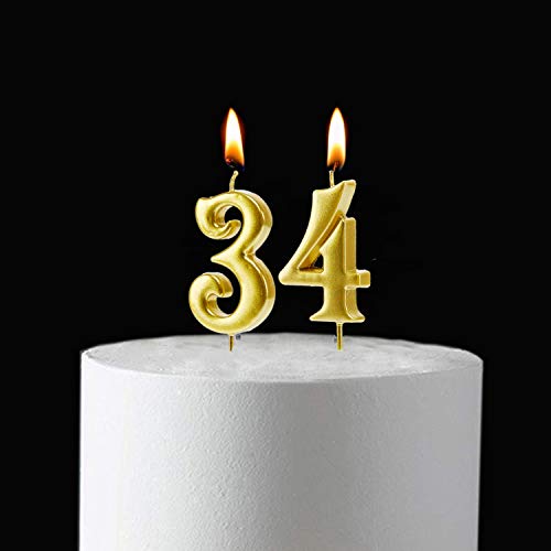 Bailym Gold 34th Birthday Candles, Number 34 Cake Topper for Birthday Decorations