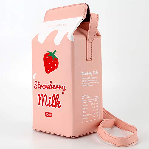 QiMing Strawberry Milk Box CrossBody Purse Bag,PU Phone Shoulder Wallet for Women Girl