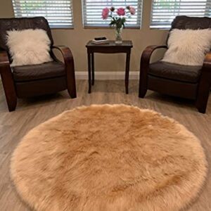 LAMBZY Faux Sheepskin Super Soft Hypoallergenic Silky Round Shag Rug for Living Room, Kids Room, Sofa (5', Beige)