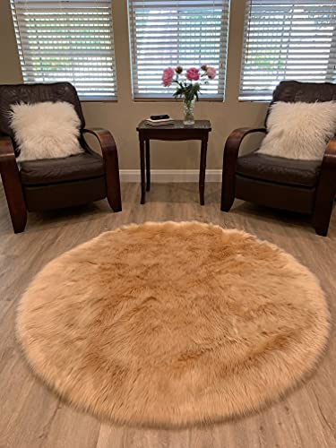 LAMBZY Faux Sheepskin Super Soft Hypoallergenic Silky Round Shag Rug for Living Room, Kids Room, Sofa (5', Beige)