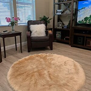 LAMBZY Faux Sheepskin Super Soft Hypoallergenic Silky Round Shag Rug for Living Room, Kids Room, Sofa (5', Beige)