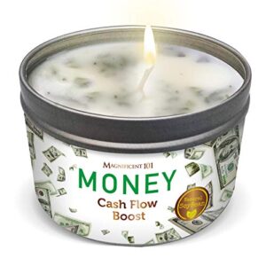 magnificent 101 money aromatherapy candle for getting a cash flow boost – sage cinnamon scented natural soybean wax tin candle for purification and chakra healing