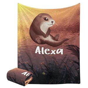 cute otter animal throw blanket with name text for bed sofa super soft fleece blankets for gift baby kids adult 50 x 60 inch